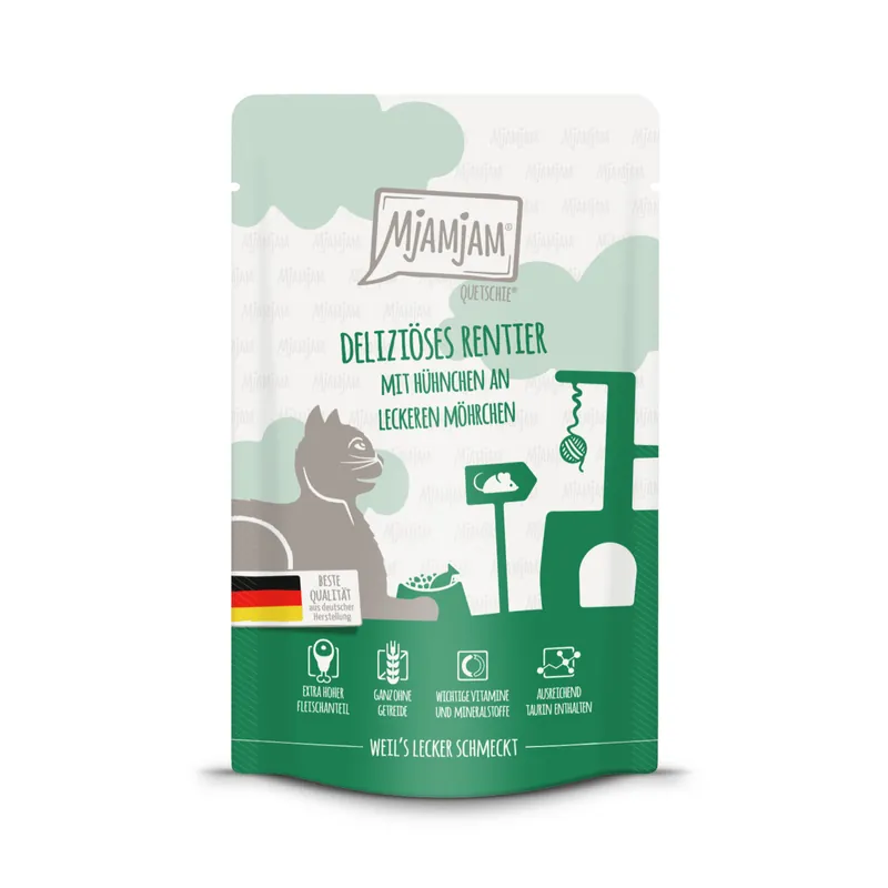 MJAMJAM Quetschies deliziöses Rentier mit Hühnchen an leckeren Möhrchen 125g Beutel Katzennassfutter Echt